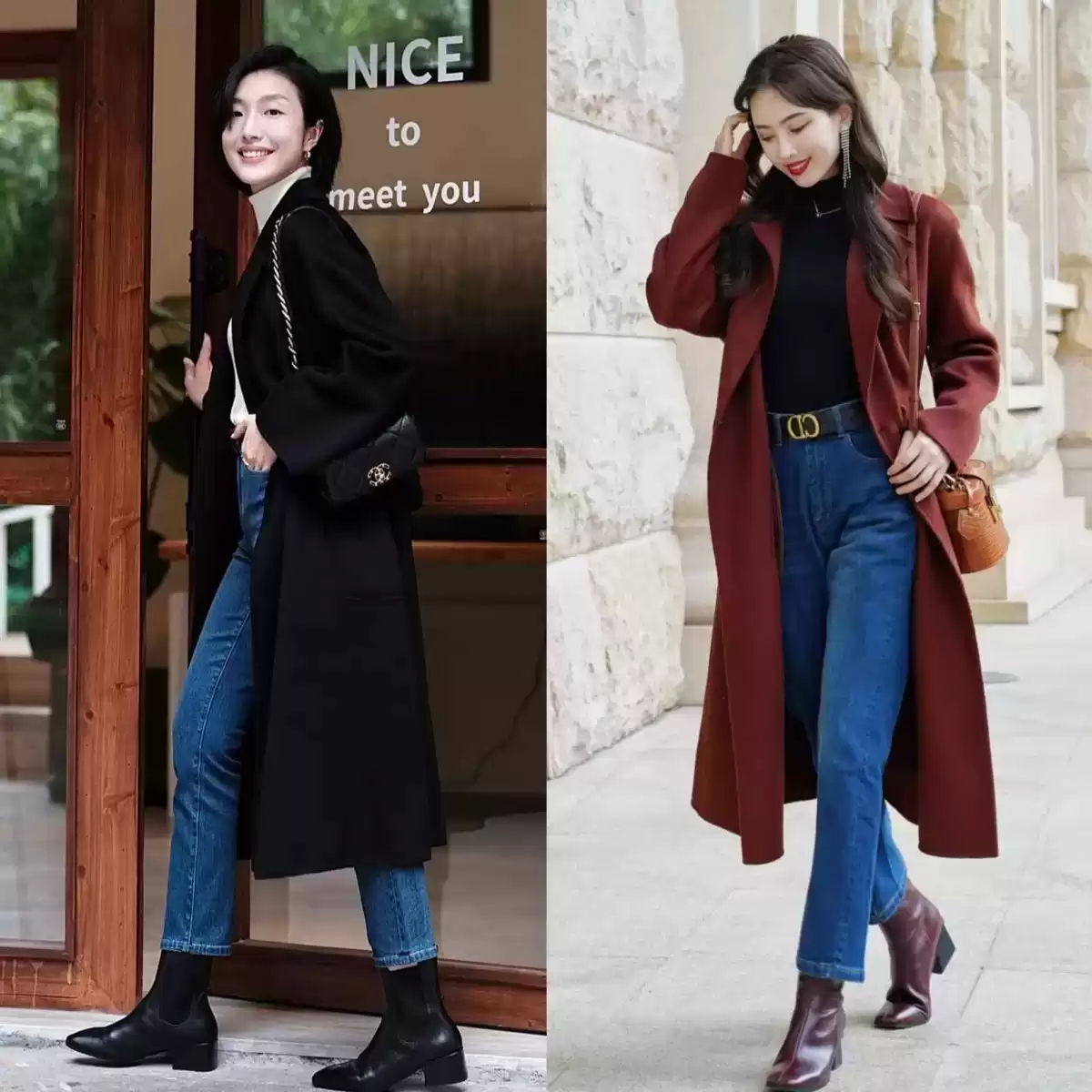 屁股大腿粗穿衣搭配 今年冬天突然流行起“大衣+牛仔裤”，适合40+女生穿，显瘦又高级