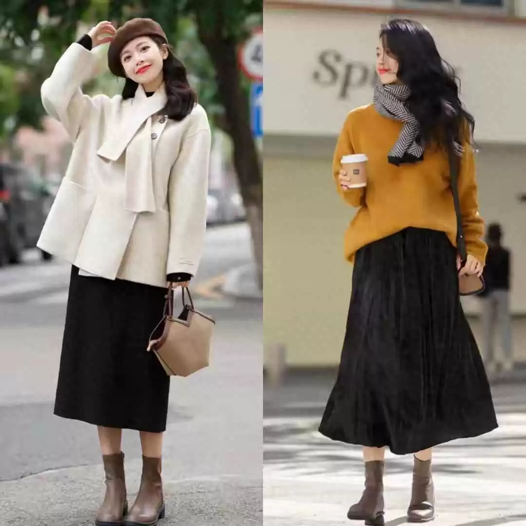 过膝靴穿衣搭配 降温后才发现：满大街都是“裙子+靴子”，优雅减龄，高级显气质