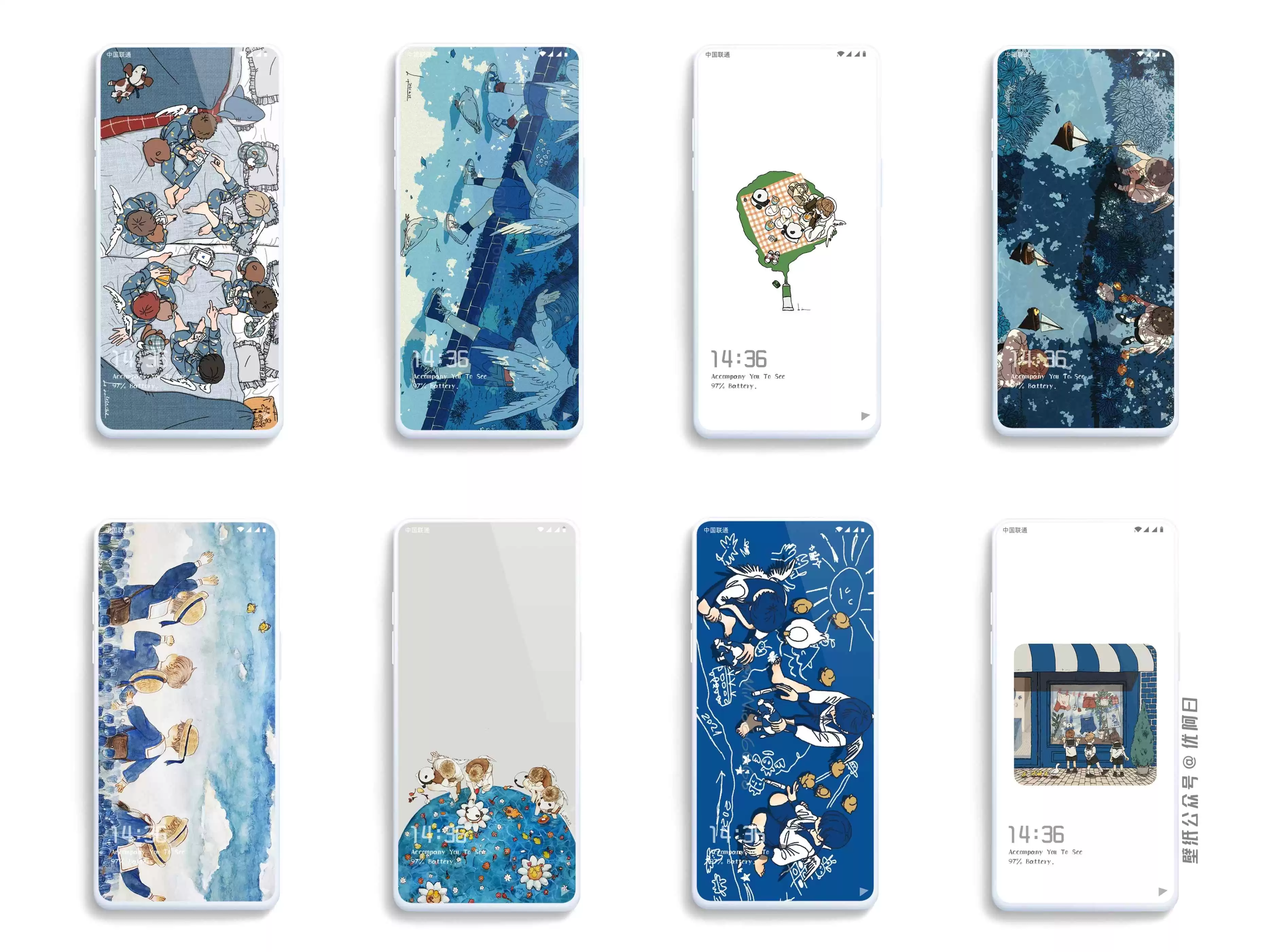 夏日清新蓝白手绘壁纸：治愈系插画让你的手机桌面焕然一新